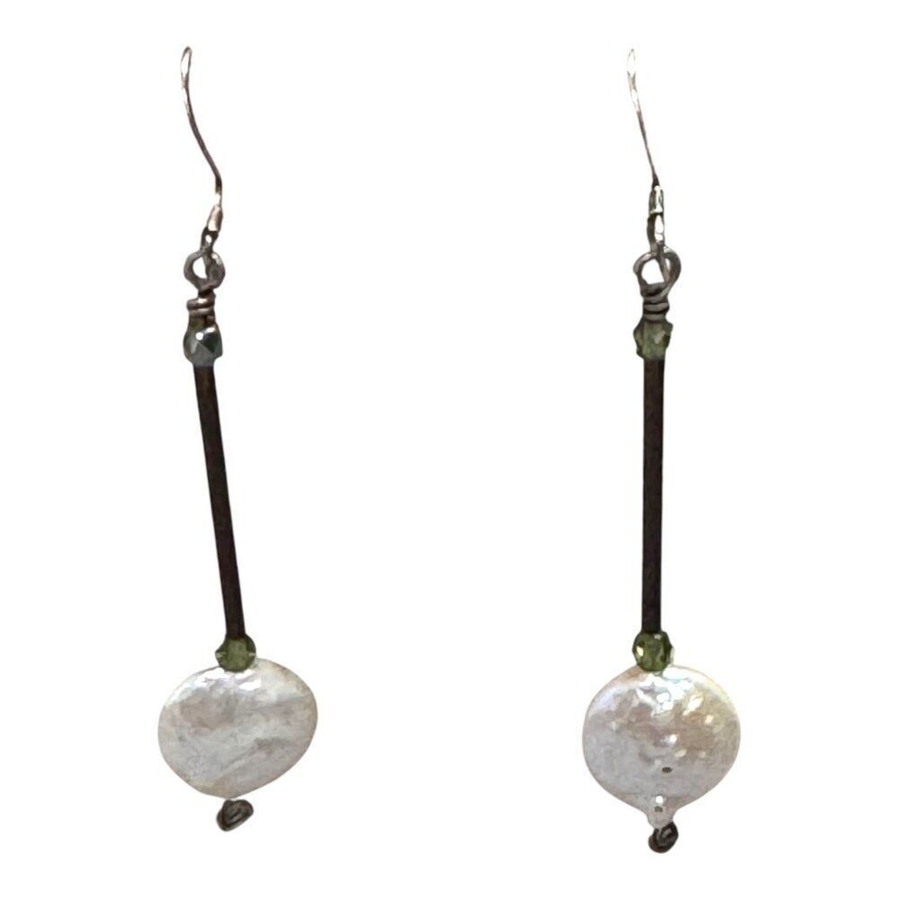 Handcrafted Baroque Pearl & Sterling Silver Drop Earrings Green Beads Modern